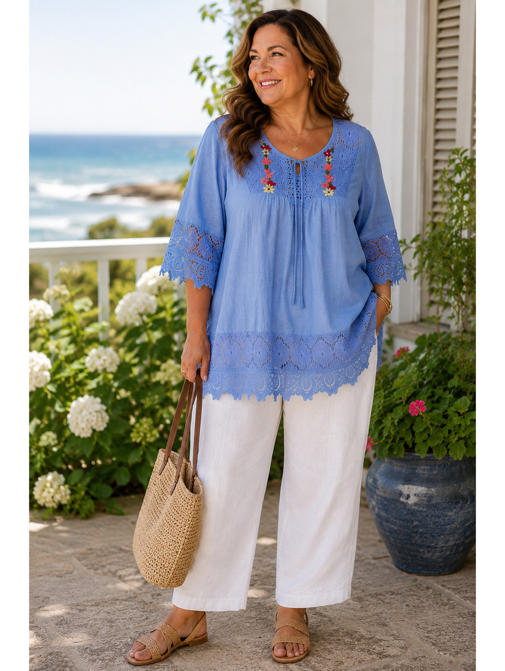 Blue Boho Embroidered Lace Tunic Top Plus Size 4XL Cottagecore Coastal